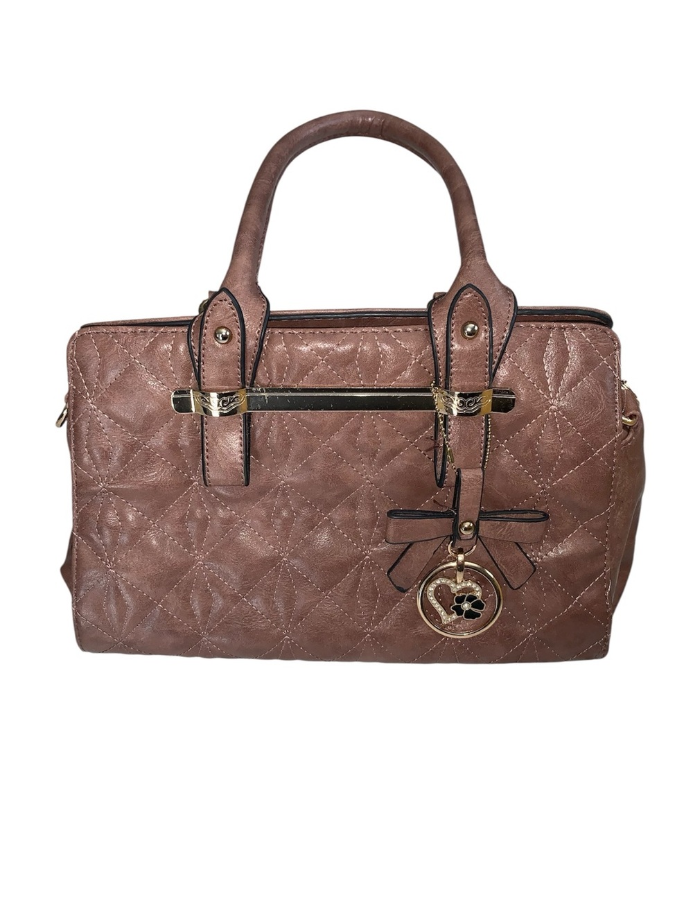 Quilted Satchel Handbag with Bow Charm in Rose Brown